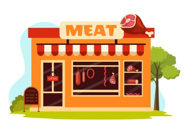 Flat Cartoon Arkaplan Tasarımı 'nda Et Dükkanı veya market Vector Illustration with Çeşitli Taze Et Ürünleri ve Biftek Tavuğu Sosisleri