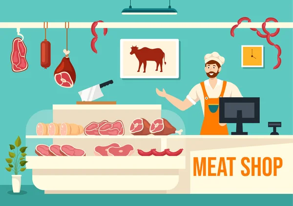Tienda Carne Mercado Ilustración Vectorial Con Varios Productos Carne Fresca — Archivo Imágenes Vectoriales
