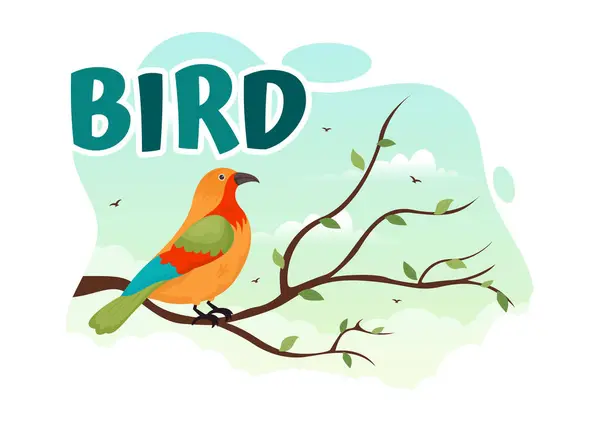 平面卡通风格设计模式中鸟类在树根和天空的背景下的鸟类病媒图解 — 图库矢量图片