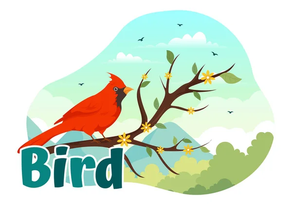 フラット漫画スタイルデザインテンプレートの背景としてツリールーツとスカイの鳥との鳥の動物ベクターイラスト — ストックベクタ