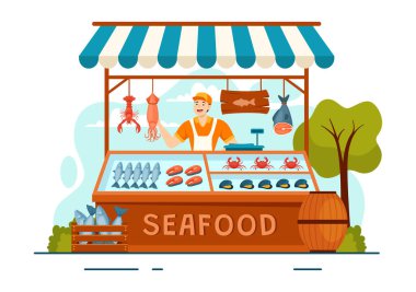 Flat Cartoon Arkaplan Tasarımı 'nda Ahtapot, Midye, Karides ve Istakoz gibi Taze Balık Ürünleriyle Deniz Ürünleri Stall Vector Illustration