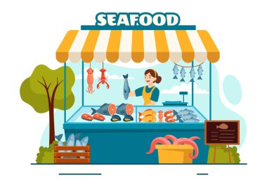Flat Cartoon Arkaplan Tasarımı 'nda Ahtapot, Midye, Karides ve Istakoz gibi Taze Balık Ürünleriyle Deniz Ürünleri Stall Vector Illustration