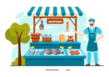 Flat Cartoon Arkaplan Tasarımı 'nda Ahtapot, Midye, Karides ve Istakoz gibi Taze Balık Ürünleriyle Deniz Ürünleri Stall Vector Illustration