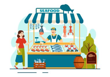 Flat Cartoon Arkaplan Tasarımı 'nda Ahtapot, Midye, Karides ve Istakoz gibi Taze Balık Ürünleriyle Deniz Ürünleri Stall Vector Illustration