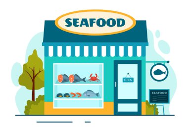 Flat Cartoon Arkaplan Tasarımı 'nda Ahtapot, Midye, Karides ve Istakoz gibi Taze Balık Ürünleriyle Deniz Ürünleri Stall Vector Illustration