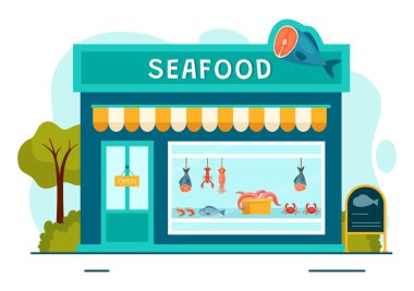 Flat Cartoon Arkaplan Tasarımı 'nda Ahtapot, Midye, Karides ve Istakoz gibi Taze Balık Ürünleriyle Deniz Ürünleri Stall Vector Illustration