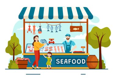 Flat Cartoon Arkaplan Tasarımı 'nda Ahtapot, Midye, Karides ve Istakoz gibi Taze Balık Ürünleriyle Deniz Ürünleri Stall Vector Illustration