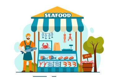 Flat Cartoon Arkaplan Tasarımı 'nda Ahtapot, Midye, Karides ve Istakoz gibi Taze Balık Ürünleriyle Deniz Ürünleri Stall Vector Illustration