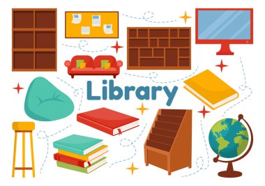 Düz Çizgi Film Tasarımı İçin Kitap Rafları 'nın Kütüphane Vektörü İmajı İçi Ahşap Mobilya ile Düz Tasarım, Eğitim ve Bilgi