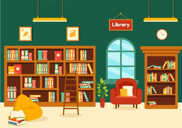 図書館のベクターイラスト フラット漫画の背景デザインにおける知識のための内装の木製の家具と本棚のイラスト — ストックベクタ