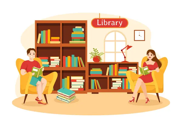 平板漫画背景设计中带内木制家具书架阅读 教育和知识的图书馆矢量图解 — 图库矢量图片
