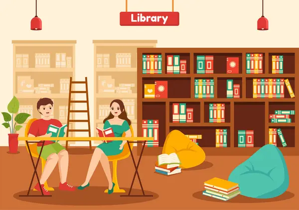 Bibliothek Vektor Illustration Von Bücherregalen Mit Holzmöbeln Für Lesen Bildung — Stockvektor
