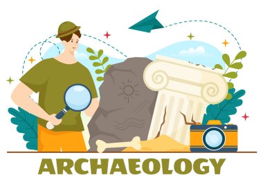 Arkeoloji Vektör İllüstrasyonu: Eski Harabeler, Eserler ve Dinozorların Fosil Düz Çizim El Şablonu Arkeolojik Kazısı