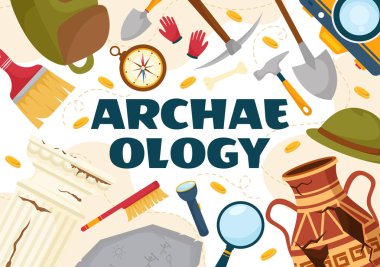 Arkeoloji Vektör İllüstrasyonu: Eski Harabeler, Eserler ve Dinozorların Fosil Düz Çizim El Şablonu Arkeolojik Kazısı