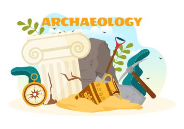 Arkeoloji Vektör İllüstrasyonu: Eski Harabeler, Eserler ve Dinozorların Fosil Düz Çizim El Şablonu Arkeolojik Kazısı