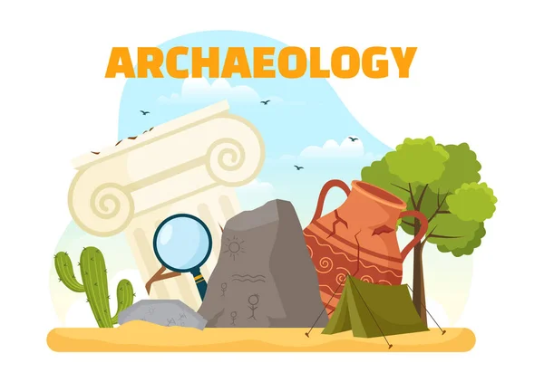 Stock vector Archeology Vector Illustration with Archaeological Excavation of ancient Ruins, Artifacts and Dinosaurs Fossil in Flat Cartoon Hand Drawn Templates