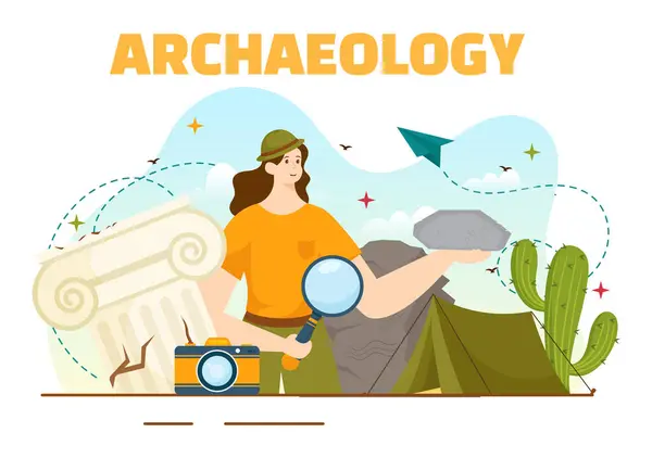 Archeology Vector Illustration Archaeological Excavation Ancient Ruins Artifacts Dinosaurs Fossil — Stock Vector