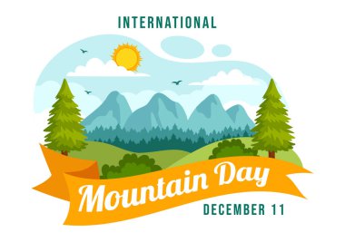 Uluslararası Dağ Günü Vektör İllüstrasyonu 11 Aralık 'ta Dağ Panorama, Yeşil Vadi ve Düz Çizgi Film Arkaplan Tasarımı Ağaçlarıyla