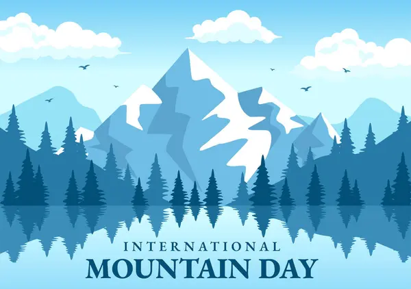 Stock vector International Mountain Day Vector Illustration on December 11 with Mountains Panorama, Green Valley and Trees in Flat Cartoon Background Design