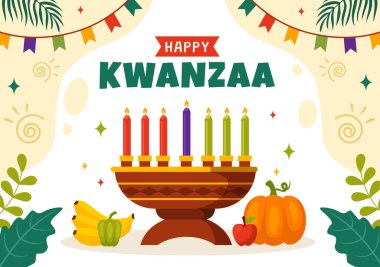 Mazao, Zawadi, Mkeka, Kinara, Hediyeler, Kupa, Mumlar Geleneksel Afrika Sembol Düz Arkaplanında Mutlu Kwanzaa Vektör Resimleri