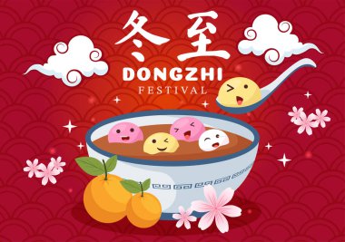 Dongzhi ya da Kış Gündönümü Festivali Vektör İlülasyonu 22 Aralık 'ta Çin Gıda Tangyuan ve Jiaozi ile Flat Çizgi Film Tasarımı