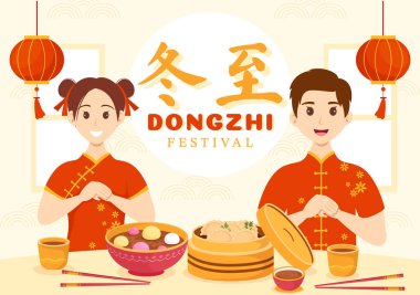 Dongzhi ya da Kış Gündönümü Festivali Vektör İlülasyonu 22 Aralık 'ta Çin Gıda Tangyuan ve Jiaozi ile Flat Çizgi Film Tasarımı