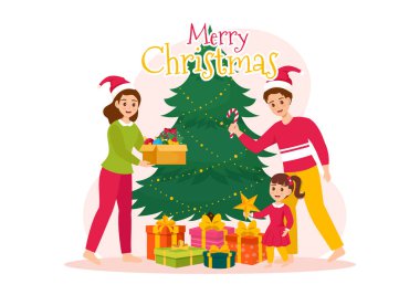 Noel Baba, Bauble Balosu, Hediye Kutusu, Sürpriz Hediyeler, Ağaçlar ve Düz Çizgi Film Tasarımı Arkaplanıyla Mutlu Noeller.