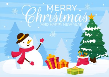 Noel Baba, Bauble Balosu, Hediye Kutusu, Sürpriz Hediyeler, Ağaçlar ve Düz Çizgi Film Tasarımı Arkaplanıyla Mutlu Noeller.