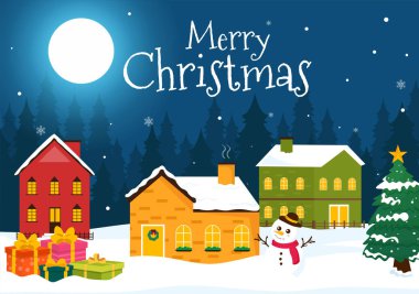 Noel Baba, Bauble Balosu, Hediye Kutusu, Sürpriz Hediyeler, Ağaçlar ve Düz Çizgi Film Tasarımı Arkaplanıyla Mutlu Noeller.