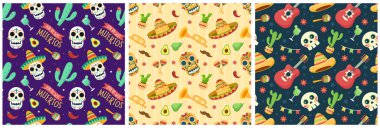 Dia de Muertos 'un Kusursuz Desenli Çizimleri. Tercümesi: Ölüler Günü. Meksika Tasarımında İskelet Elementi