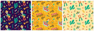 Dia de Muertos 'un Kusursuz Desenli Çizimleri. Tercümesi: Ölüler Günü. Meksika Tasarımında İskelet Elementi