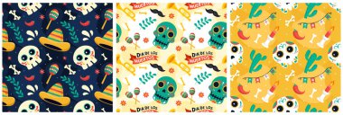 Dia de Muertos 'un Kusursuz Desenli Çizimleri. Tercümesi: Ölüler Günü. Meksika Tasarımında İskelet Elementi