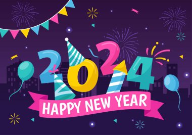 Happy New Year 2024 Celebration Vector Illustration with Trumpet, Fireworks, Ribbons and Confetti in Holiday National Flat Cartoon Background clipart