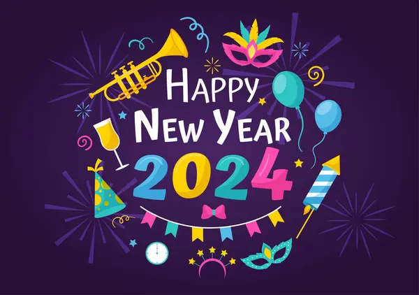 stock vector Happy New Year 2024 Celebration Vector Illustration with Trumpet, Fireworks, Ribbons and Confetti in Holiday National Flat Cartoon Background