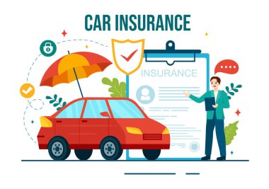 Aracın Hasarı ve Acil Durum Riskleri İçin Araba Sigortası İllüstrasyonu Düz Çizgi Film Arkaplanındaki Form Belgesi ve Arabalar