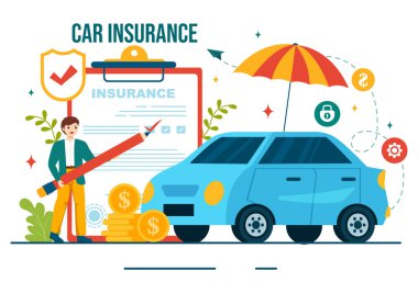 Aracın Hasarı ve Acil Durum Riskleri İçin Araba Sigortası İllüstrasyonu Düz Çizgi Film Arkaplanındaki Form Belgesi ve Arabalar