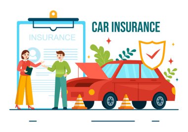 Aracın Hasarı ve Acil Durum Riskleri İçin Araba Sigortası İllüstrasyonu Düz Çizgi Film Arkaplanındaki Form Belgesi ve Arabalar