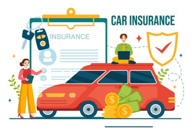 Aracın Hasarı ve Acil Durum Riskleri İçin Araba Sigortası İllüstrasyonu Düz Çizgi Film Arkaplanındaki Form Belgesi ve Arabalar