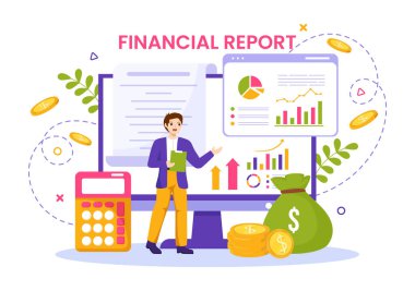 Veri Tabloları, Grafikler ve Flat Arkaplanda Mali İşlem, Analiz ve İstatistiksel Çevrimiçi Diyagramlarla Mali Rapor Vektörü İllüstrasyonu