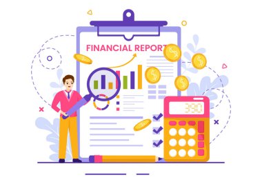 Veri Tabloları, Grafikler ve Flat Arkaplanda Mali İşlem, Analiz ve İstatistiksel Çevrimiçi Diyagramlarla Mali Rapor Vektörü İllüstrasyonu