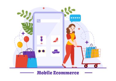 Çevrimiçi Alışveriş ve Dijital Pazarlama Tanıtımı için Çanta ve Hediye Kutusu Tasarımı ile Akıllı Telefonun Mobil E-Ticari Vektör İlülasyonu