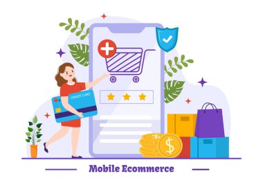 Çevrimiçi Alışveriş ve Dijital Pazarlama Tanıtımı için Çanta ve Hediye Kutusu Tasarımı ile Akıllı Telefonun Mobil E-Ticari Vektör İlülasyonu