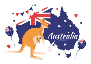 26 Ocak 'ta Düz Çizgi Film Arkaplan Tasarımı Posteri ve Banner için Avustralya Bayrağı ile Mutlu Avustralya Günü Vektör Resimleri