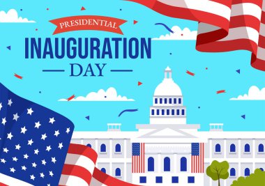 ABD Başkanlık Açılış Günü Vektör İllüstrasyonunun 20 Ocak 'ta Washington D.C. ve Amerika Arkaplan Tasarımı Bayraklarıyla