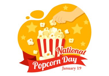 19 Ocak 'ta National Popcorn Day Vector Illustration' da Poster ya da Flat Arkaplan Tasarımı 'nda Büyük Kutu Patlamış Mısırlar