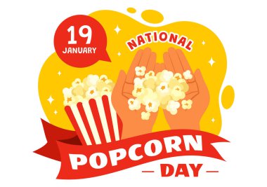 19 Ocak 'ta National Popcorn Day Vector Illustration' da Poster ya da Flat Arkaplan Tasarımı 'nda Büyük Kutu Patlamış Mısırlar