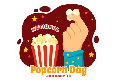 19 Ocak 'ta National Popcorn Day Vector Illustration' da Poster ya da Flat Arkaplan Tasarımı 'nda Büyük Kutu Patlamış Mısırlar