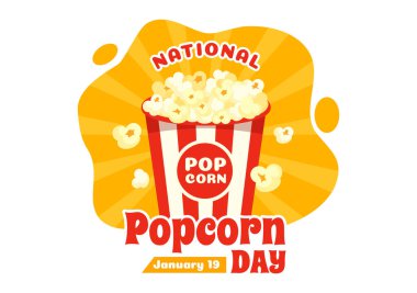 19 Ocak 'ta National Popcorn Day Vector Illustration' da Poster ya da Flat Arkaplan Tasarımı 'nda Büyük Kutu Patlamış Mısırlar