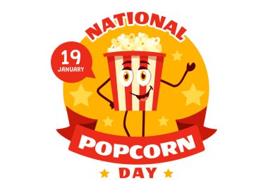 19 Ocak 'ta National Popcorn Day Vector Illustration' da Poster ya da Flat Arkaplan Tasarımı 'nda Büyük Kutu Patlamış Mısırlar