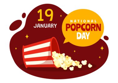 19 Ocak 'ta National Popcorn Day Vector Illustration' da Poster ya da Flat Arkaplan Tasarımı 'nda Büyük Kutu Patlamış Mısırlar